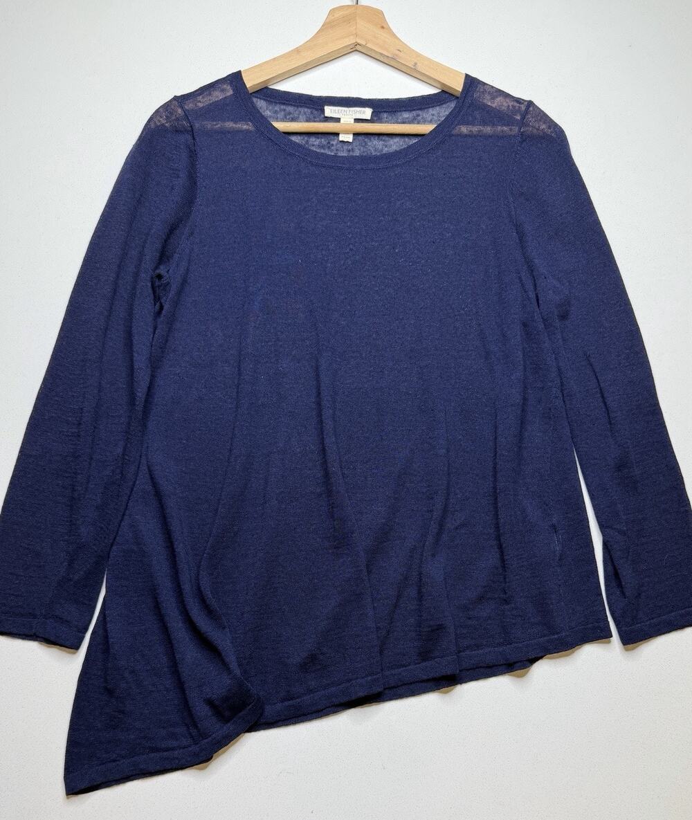 Eileen Fisher Linen Asymmetrical Navy Blue Sweater Size PS Petite Small